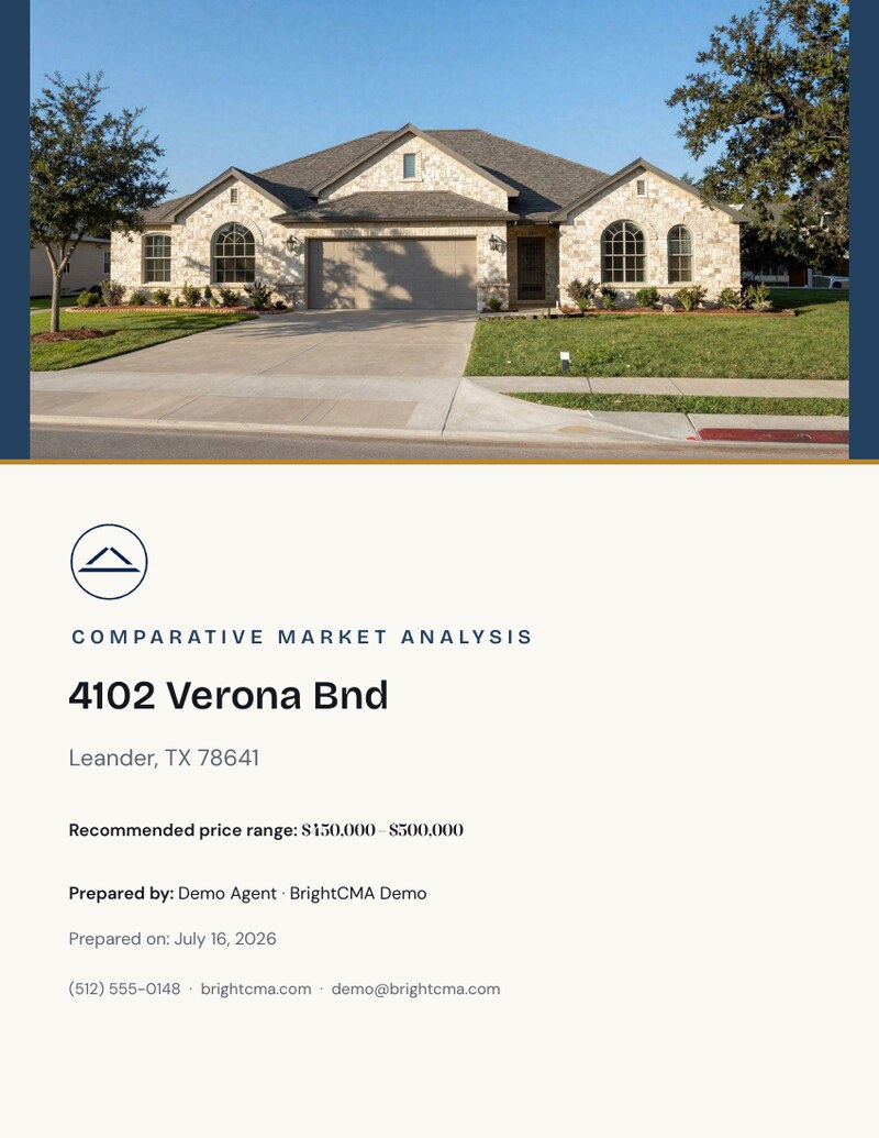 The finished CMA report cover for 4102 Verona Bnd, showing the agent's logo, the property photo, and the recommended price range.